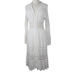 Dee Elly White‎ Crochet Lace Trim Button Front Maxi Dress Womens L